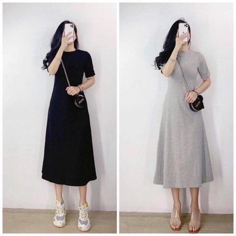 Đầm cotton dáng maxi cộc tay 2 màu đen,xám