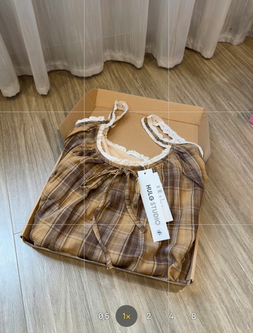 Set975- Set mặc nhà áo 2 dây kẻ nâu phối chân váy ren có BIGSIZE