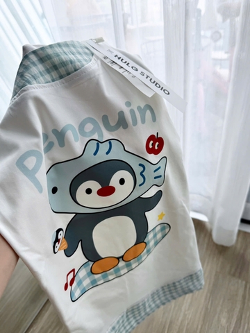 Set890- Bộ thun cotton mặc nhà sát nách phối quần short kẻ xanh