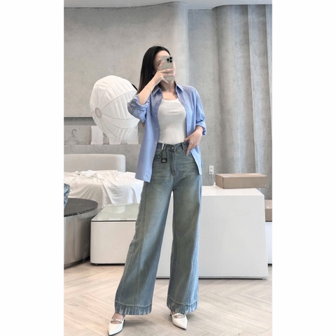 QUAN052-Quần jean suông ống rộng tỉa gấu màu nhạt