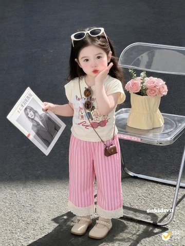 Damgai06-SEt áo thun nơ nhồi mix quần suông kẻ hồng chân ren