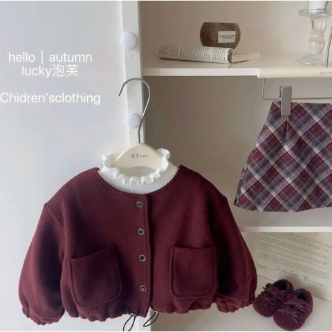 BT827-SEt dạ 3 chi tiết 2 lớp đỏ-vàng bé gái thiết kế