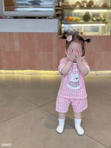 CB303- Combo 2 bộ cộc tay kẻ caro hồng chạy viền chất cotton