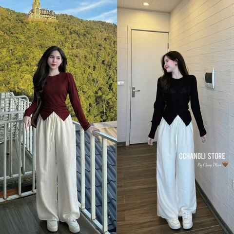 A366-Áo thun giấy dài tay xếp ly 2 màu đỏ đen