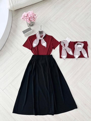 SET483-Set áo thun đỏ phối chân váy midi tặng kèm khăn rời