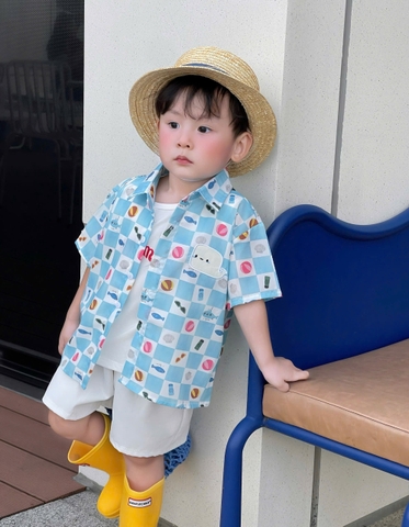 bT986- Bộ 3 chi tiết áo sơ mi IN KẸO màu xanh mix quần trắng