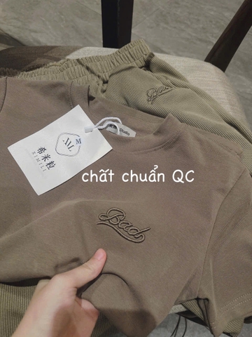 SET482-Set bộ chữ thêu BAD tăm nhung màu nâu quần bom