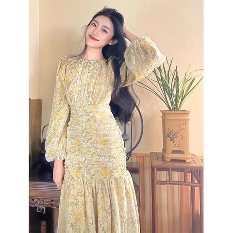 ⚡️BÁN SỈ⚡️Đầm đuôi cá nhún eo tay bồng hoạ tiết hoa vàng