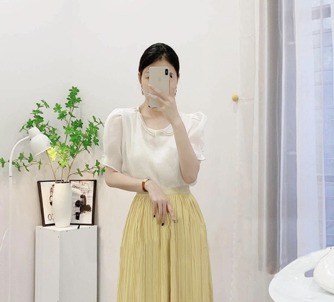 Áo sơ mi tơ viền ngọc tay bồng 3 màu