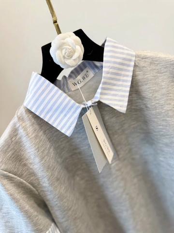 DAM150- đầm zip suông phối kẻ cổ đức 2 màu than-ghi