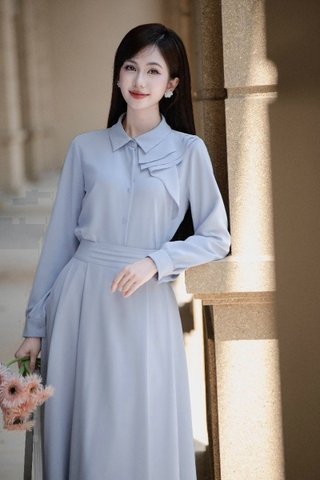 Set787- Set áo nơ xanh phối chân váy midi dài 1 lớp
