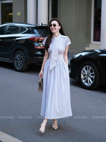 Dam123- Đầm midi dáng dài kẻ xanh nơ cổ