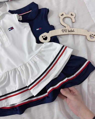 CB240- Combo 2 đầm polo TÔM MÌ chân xoè bé gái trắng- xanh