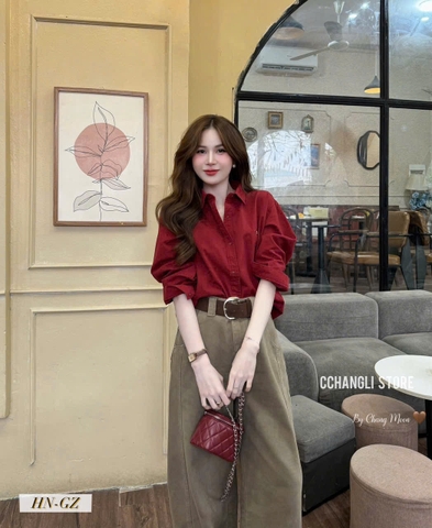 A523-Áo sơ mi trơn đỏ đô vải đũi mềm