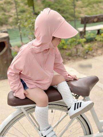 Aokid016-Áo choàng nắng trẻ em 2 màu ghi,hồng mũ to chất mát