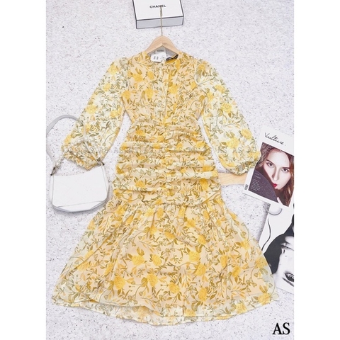 ⚡️BÁN SỈ⚡️Đầm đuôi cá nhún eo tay bồng hoạ tiết hoa vàng