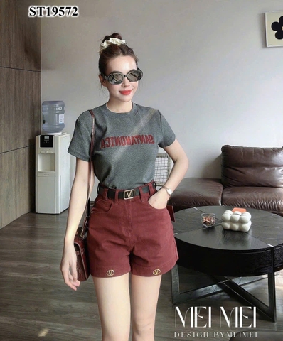Set664- Set áo phông Stand mix short jeans đỏ mận