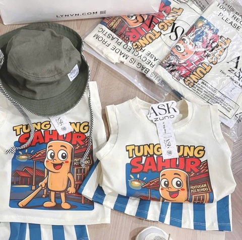 Bt576- Bộ Tung Tung màu be quần kẻ xanh