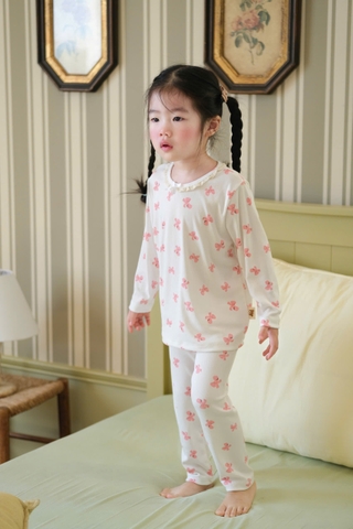 CB166-(8-26kg) Combo 2 bộ thun tăm dài tay bé gái nơ hồng VNXK