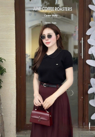 Set728- Set công sở áo tắm cổ ren phối chân váy midi dài