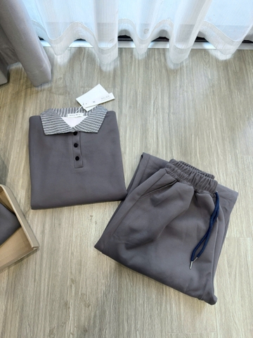 SET736-Bộ nỉ dài tay phối quần suông màu xám chất nỉ dày dặn