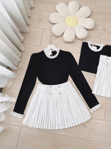 SET354-Set áo len phôi ren và chân váy xếp ly ngắn 2 lớp