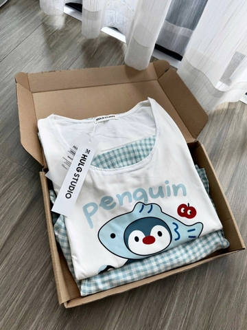 Set890- Bộ thun cotton mặc nhà sát nách phối quần short kẻ xanh