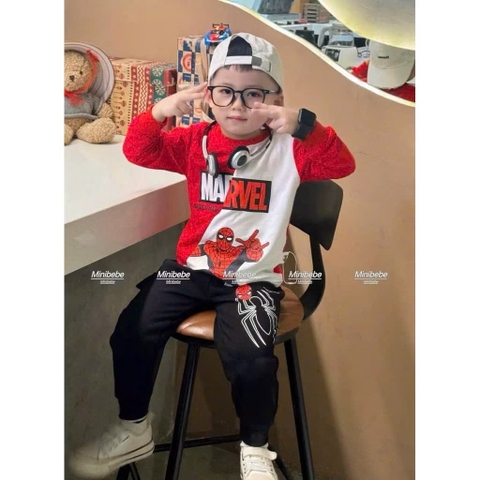 [ĐẾN 30kg]BT730-  Bộ phối trắng-đỏ áo cottom mix quần nỉ nhện