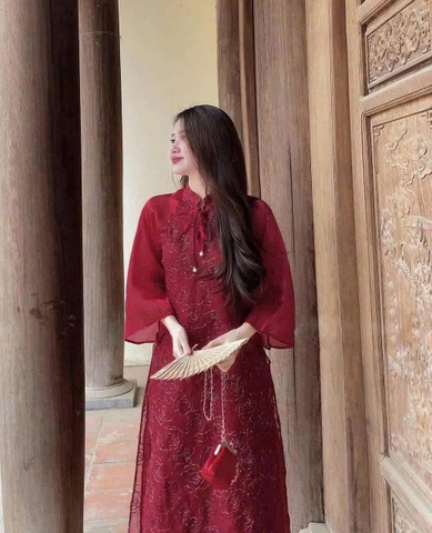 SET344-Set áo dài đỏ cườm 2 lớp dáng tay xoè -SẴN HÀNG