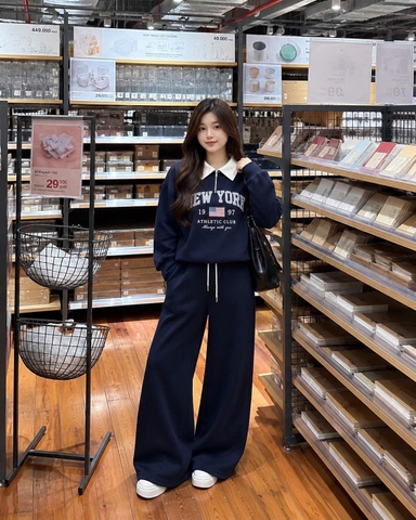 Set1062- Set nỉ haidan Ny xanh than phối quần suông dài