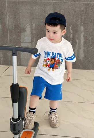 BN092- Bộ PAW trắng xanh áo cottn mix quần cua