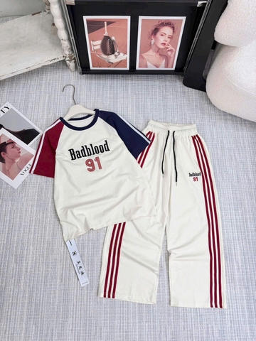 Set870-Bộ cotton nỉ màu be thêu chữ BLOOD áo cộc quần dài