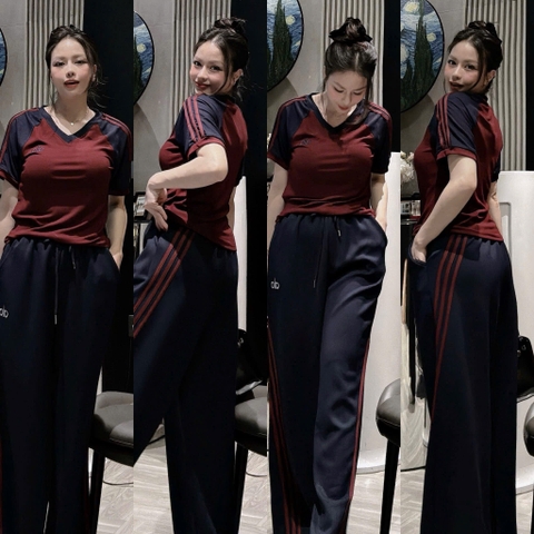 Set878-SEt mặc nhà áo cộc phối quần suông than viền đỏ