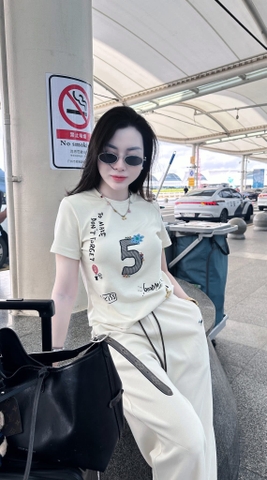 Set777- Bộ dạo phố áo thun in hình phối quần suông dài cạp chun 2 màu be đen