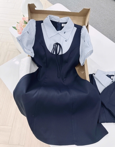 Dam174- Váy xoè ngắn đen phối tay sơ mi kẻ đính nơ