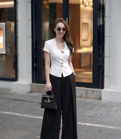 A374- Áo cổ vuông cúc kim loại dáng ôm 2 lớp cao cấp