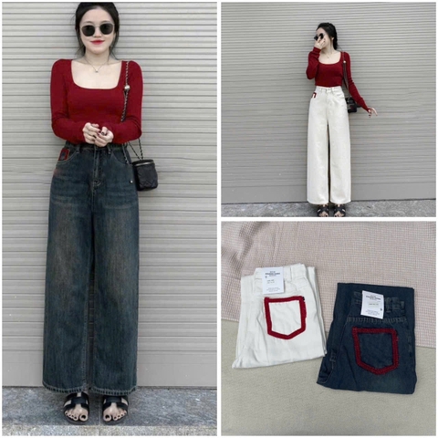 QUAN012- Quần jeans suông túi thêu đỏ 2 màu trắng,xanh