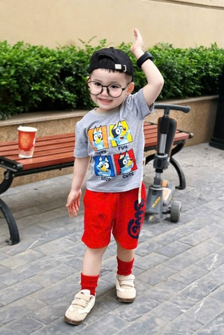 BT334-Bộ áo cotton HAPPY FUN mix quần cua đỏ bé trai