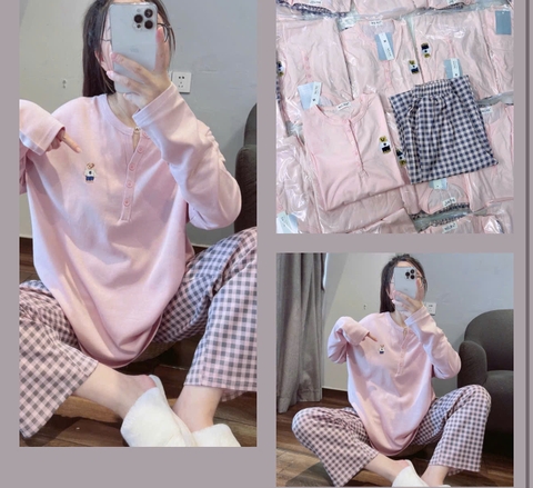 Set756- Bộ mặc nhà áo thun hồng dài tay phối quần suông kẻ