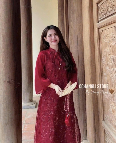 SET344-Set áo dài đỏ cườm 2 lớp dáng tay xoè -SẴN HÀNG