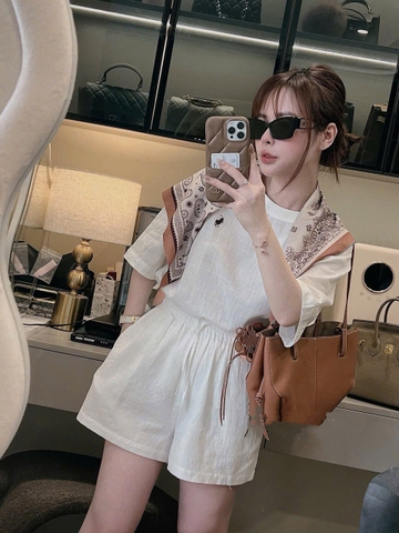 Set707- Set đũi trắng cộc tay 2 lớp tặng kèm khăn