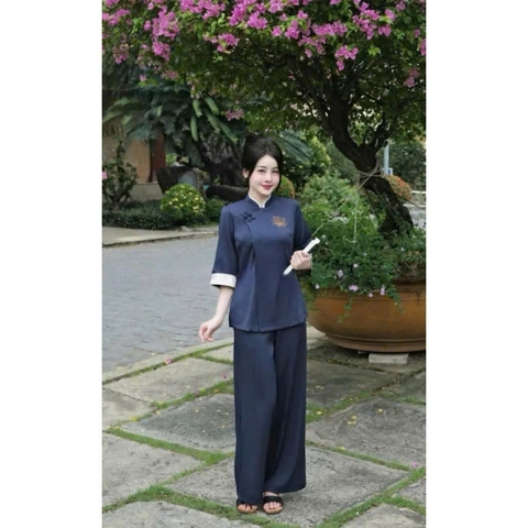 🌿SET253- PHÁP PHỤC ĐI CHÙA THÊU SEN 2 MÀU  THAN-BE