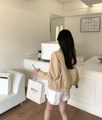 A747-Áo khoác kaki nâu phối ren 2 lớp lót gió