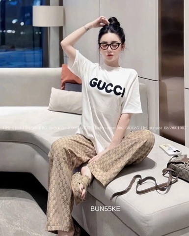 SET456- Set bộ GU XÌ áo cotton thêu đáp xù mix quần suông dệt.