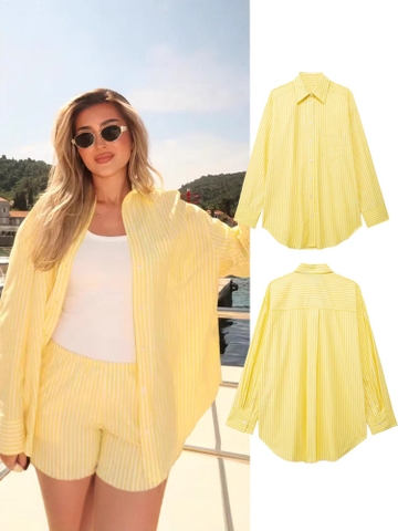 A389- Áo sơmi suông kẻ vàng