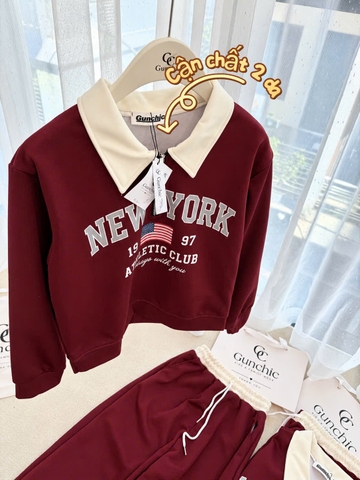 SET1059- Bộ nỉ haida đỏ có cổ NY phối quần suông