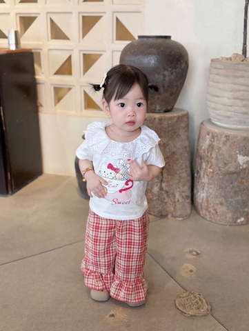 ❤️BT314-Bộ áo cotton mix quần dài kẻ bé gái 3 màu