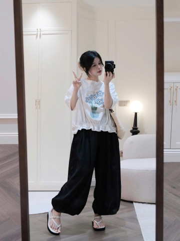 SET984-SET in hoa 3D áo sơ ni trắng mix quần bom màu đen
