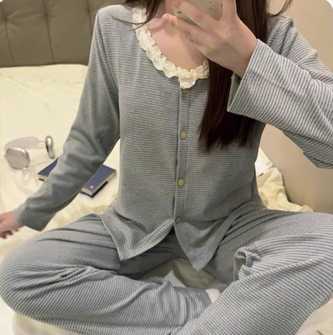 SET829- BỘ pijama kẻ phối ren vài díp lông mềm