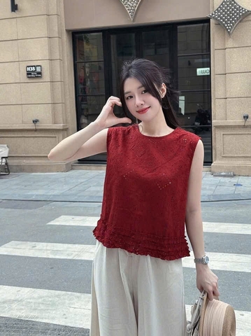 Set594- Set áo thô boi ren đỏ mix quần lien chân bèo dáng suông